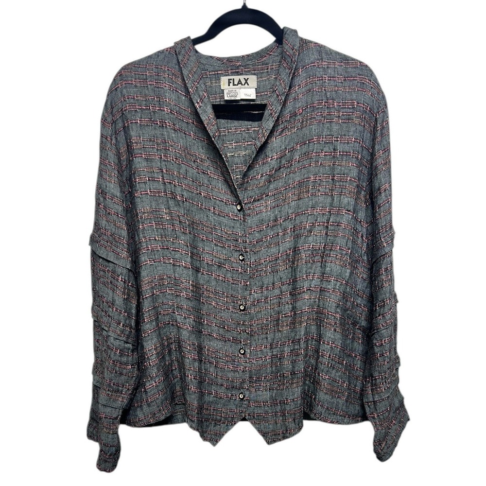 FLAX Shirt Jacket Linen Shawl Collar Tiered Sleeve Button Up Lagenlook Large